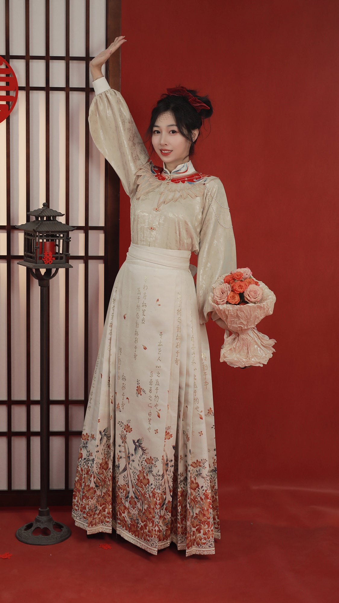 [Melodious Phoenix Flower] Ming-style Hanfu Brocade Horseface Skirt - White