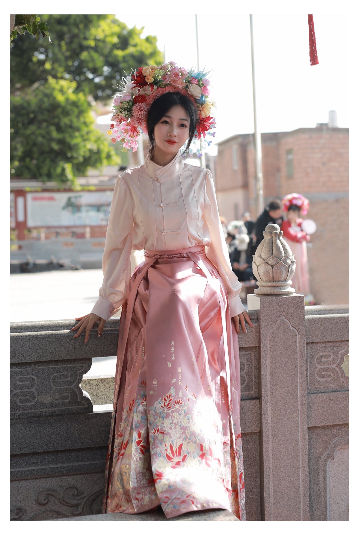 [One Thought Hairpin Flower]Ming-style Hanfu Brocade Imitation Makeup Flower Horseface Skirt-Pink