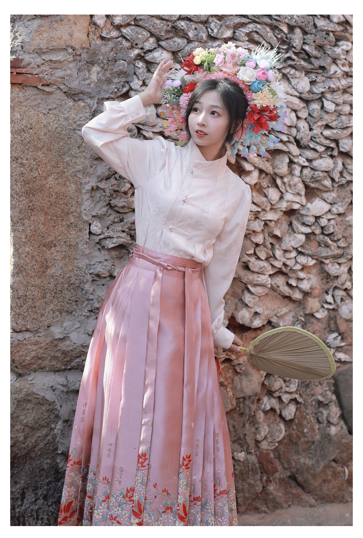 [One Thought Hairpin Flower]Ming-style Hanfu Brocade Imitation Makeup Flower Horseface Skirt-Pink