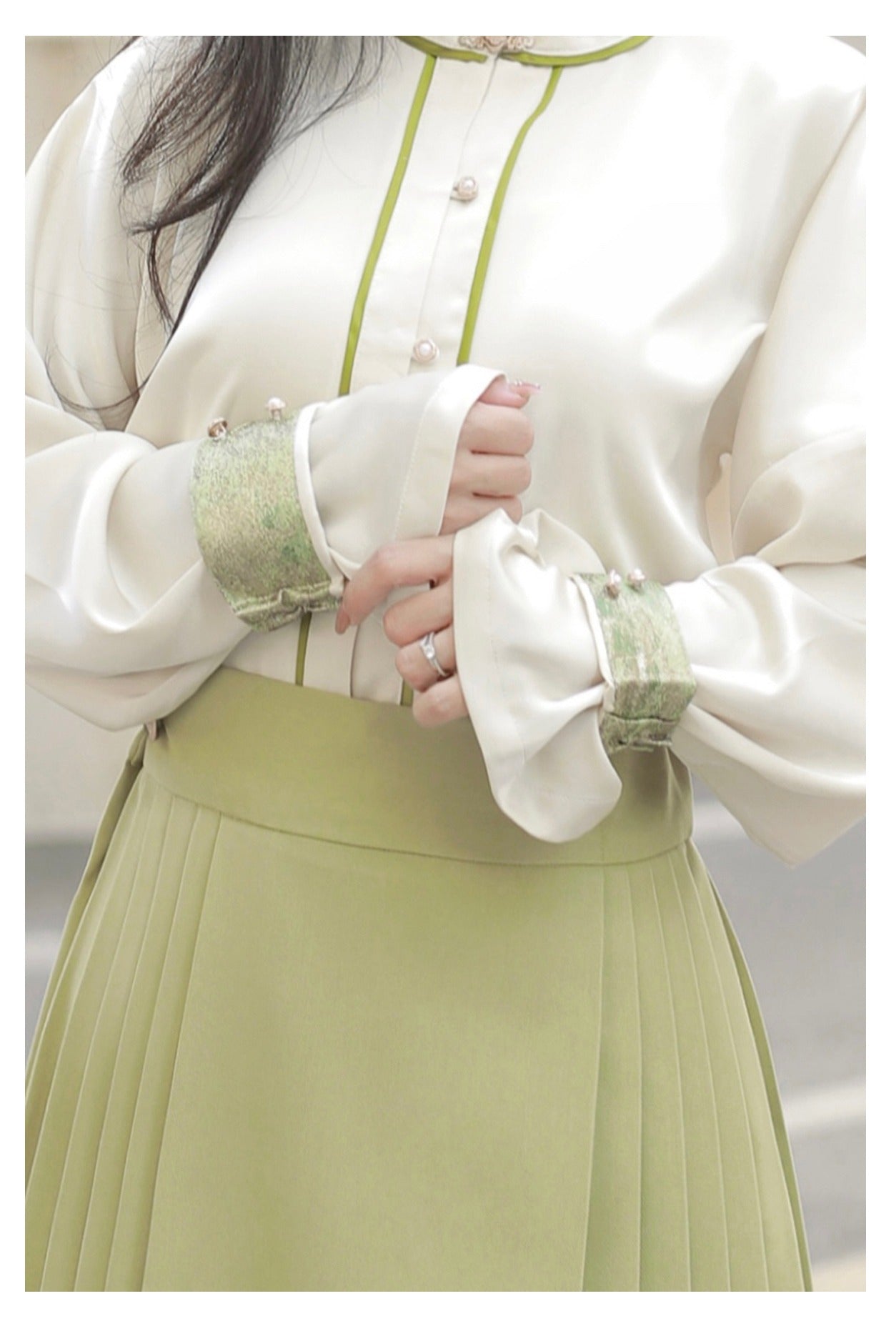 39 Jade Green Cup Xiao Lu Shui Hanfu Improved Ming Dynasty Style, Cross-Front Stand Collar Shirt with Sleeve Covers, Zippered Horseface Skirt, Perfect for Autumn Daily Commute