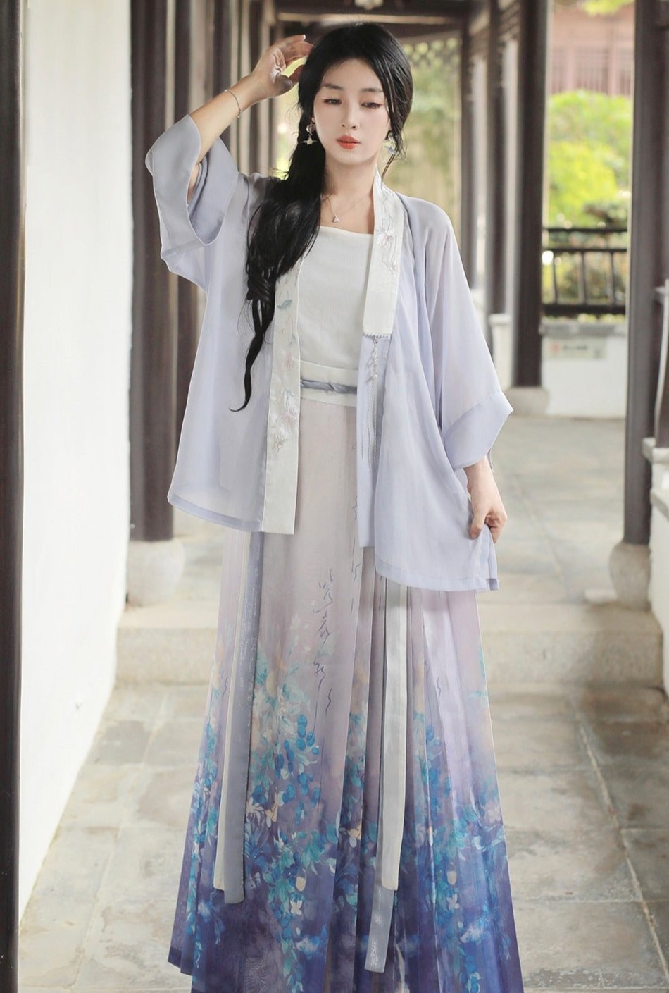 5 Xiao Lu Shui Original Strawberry and Grapefruit Worries Improved Song Dynasty-style Hanfu Long Shirt with Suspenders and Printed Skirt, Blue Horseface Skirt for Summer