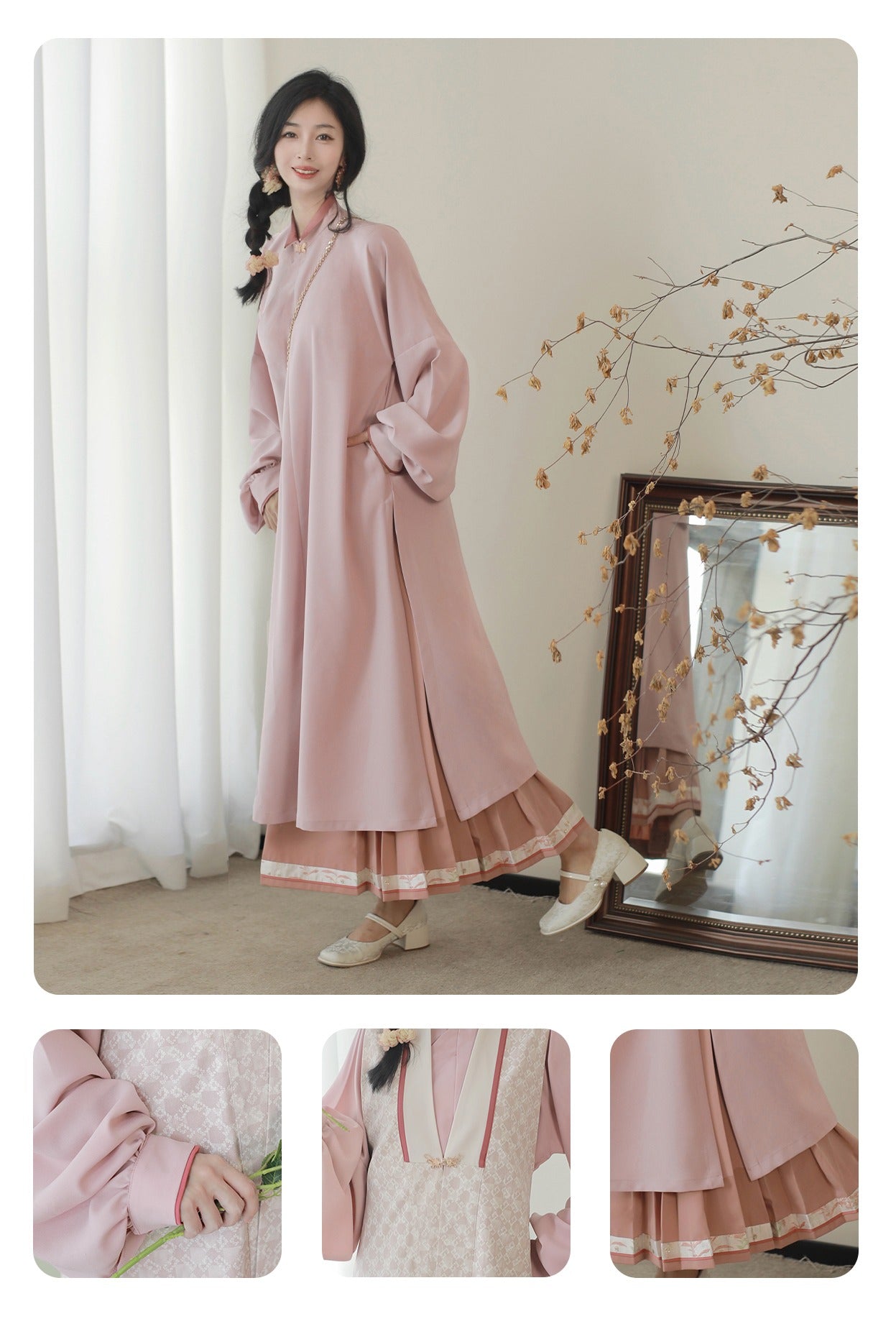 16 Xiao Lu Shui Pink tender Chinese Ming cheongsam, improved long than nails, pink autumn long daily commuting