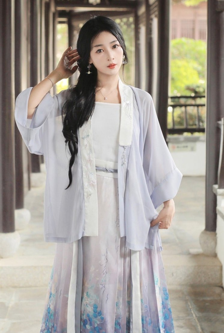 5 Xiao Lu Shui Original Strawberry and Grapefruit Worries Improved Song Dynasty-style Hanfu Long Shirt with Suspenders and Printed Skirt, Blue Horseface Skirt for Summer