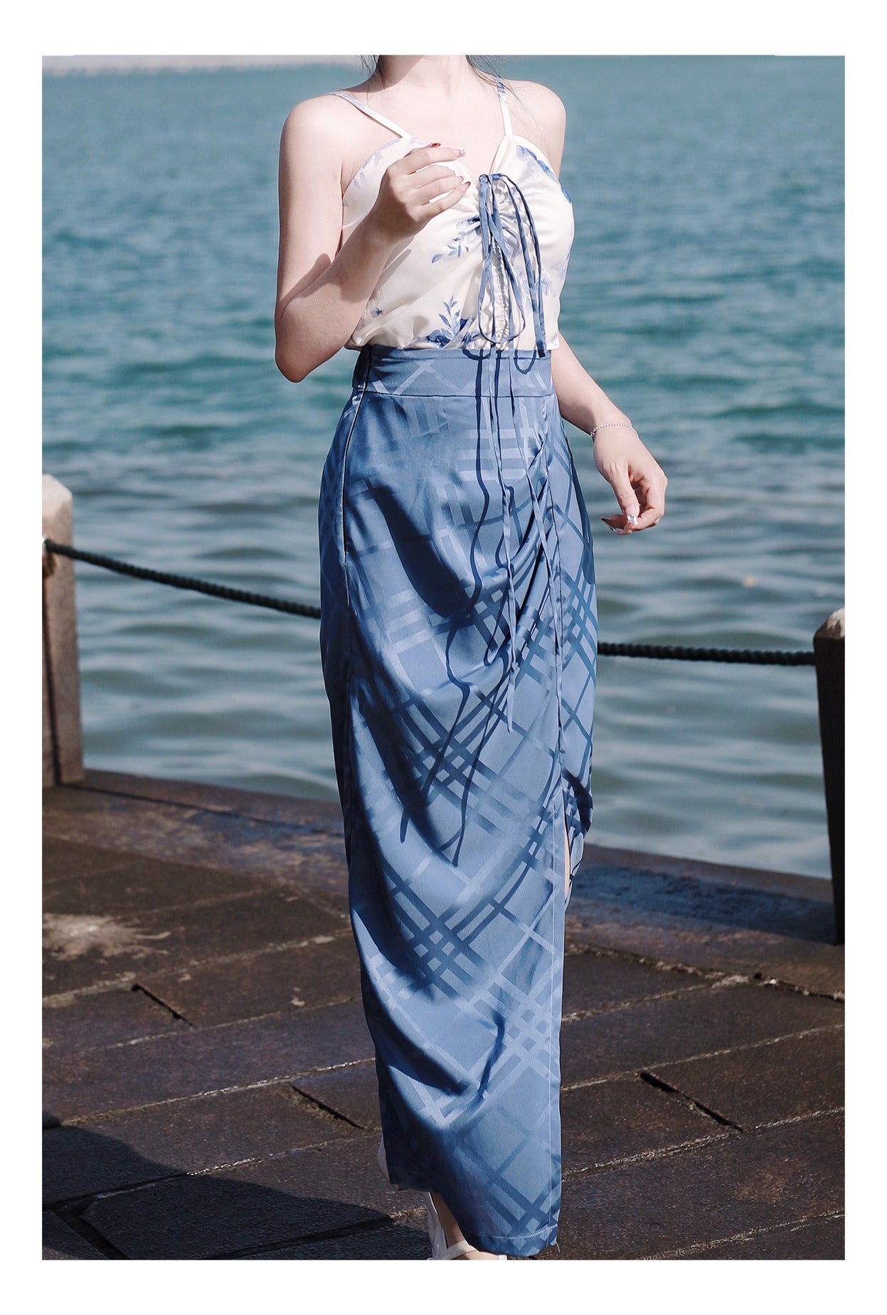 7 Xiao Lu Shui Sensational Summer Ming-style Hanfu Set, Women's Blue Zipped Skirt with Drawstrings and Straps, Daily and Commute Ready