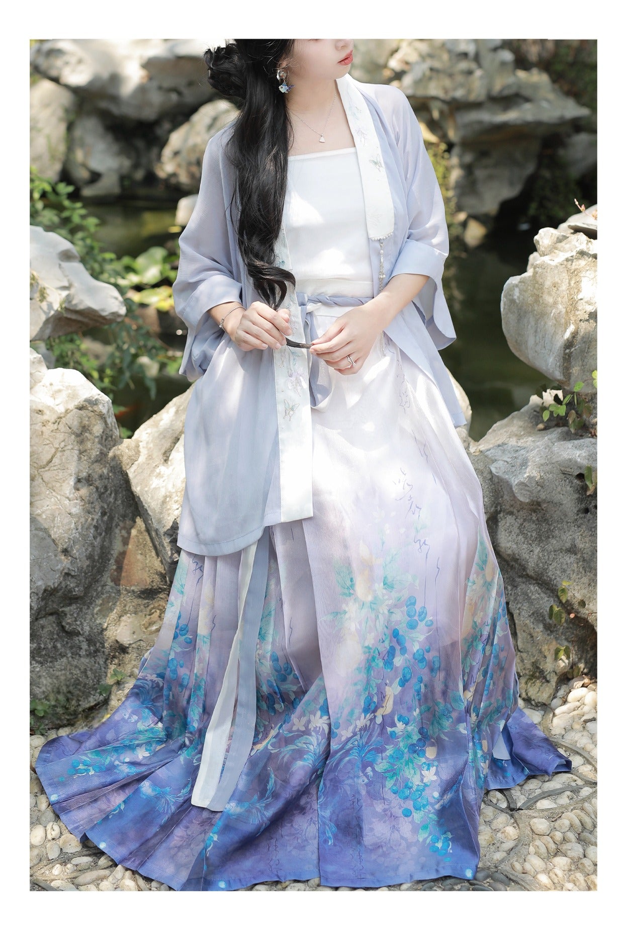 5 Xiao Lu Shui Original Strawberry and Grapefruit Worries Improved Song Dynasty-style Hanfu Long Shirt with Suspenders and Printed Skirt, Blue Horseface Skirt for Summer