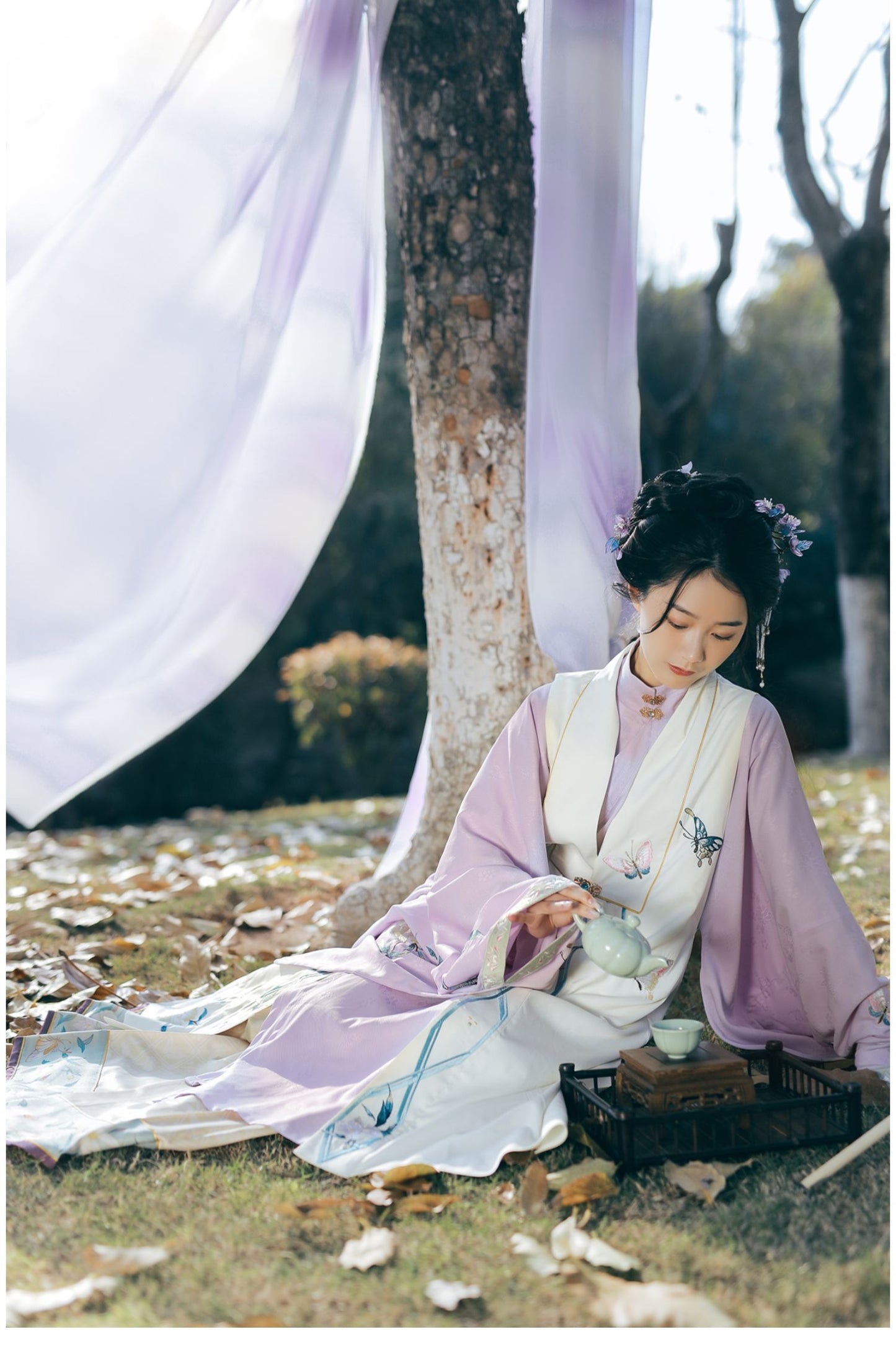 30 Xiao Lu Shui original Hanfu women's smoke, purple, spring, autumn and winter, Ming long shirts, embroidered with gold horse skirts, pearls