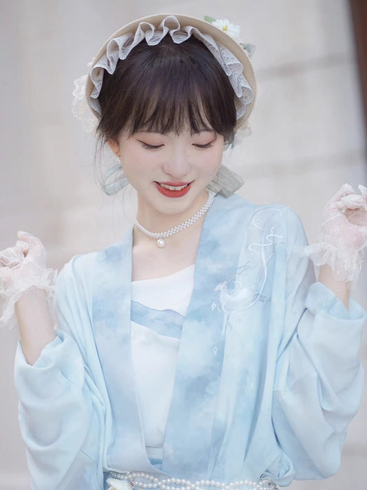 58 When the clouds rise Xiao Lu Shui Guofeng Chinese improved Hanfu Song Zhi blue airplane sleeves, three-pleated skirts, daily commuting to work