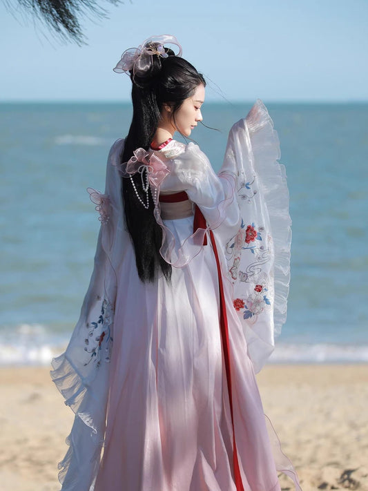 15 Flowing Fragrance Ode: Dawn Deer Water Original Hanfu Ancient Costume for Women, Pink Han-Style Elements from the Wei, Jin, Southern, and Northern Dynasties, Full-Length Sleeves, Chest-Hugging, Embroidered