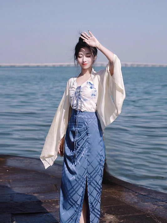 7 Xiao Lu Shui Sensational Summer Ming-style Hanfu Set, Women's Blue Zipped Skirt with Drawstrings and Straps, Daily and Commute Ready