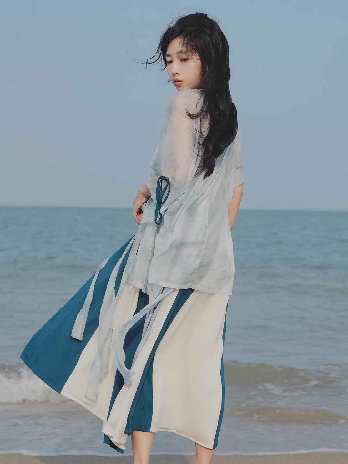 53 Soft Blue Melody Xiao Lu Shui Original Tang Dynasty-Inspired Hanfu Revamped Han-Element Dress with Half-Sleeve Top and Qi-chest Skirt, Lightweight Version