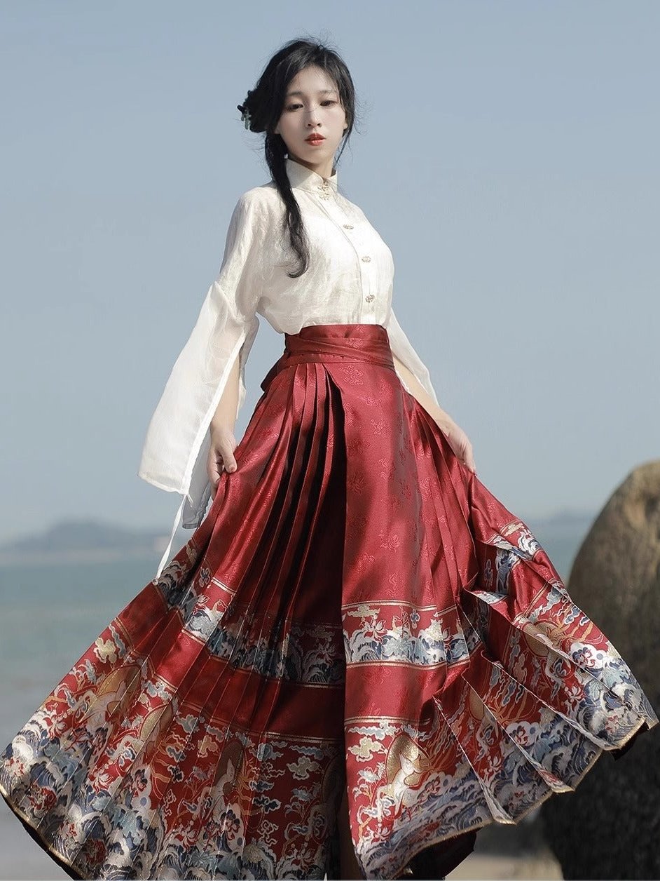 18、Luling Hanhai Xiao Lu Shui Chinese style Hanfu: Stand Collar and Opposite Front Shirt, Ming Dynasty inspired Red Brocade Mid length Horseface Skirt, Toasting Outfit