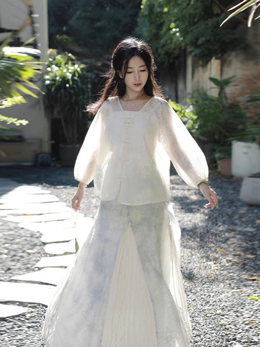 8 Xiao Lu Shui Glint - Refined Chinese Hanfu Set, Women's Creamy White Zen-Inspired Jacquard Top and Skirt, Summer Collection