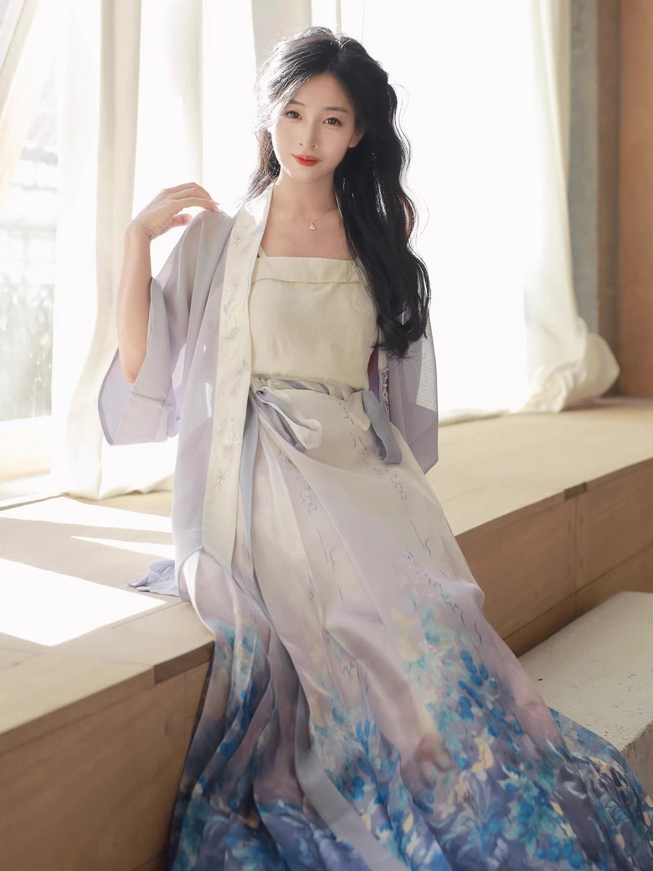 5 Xiao Lu Shui Original Strawberry and Grapefruit Worries Improved Song Dynasty-style Hanfu Long Shirt with Suspenders and Printed Skirt, Blue Horseface Skirt for Summer