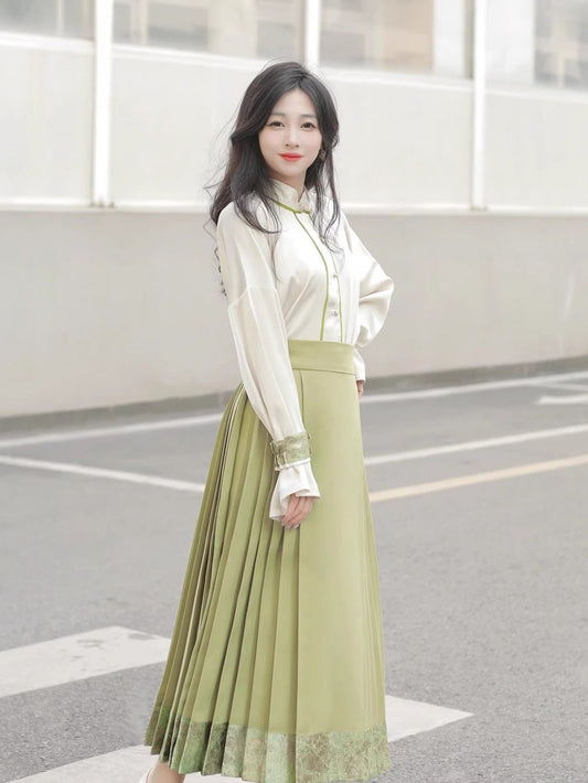 39 Jade Green Cup Xiao Lu Shui Hanfu Improved Ming Dynasty Style, Cross-Front Stand Collar Shirt with Sleeve Covers, Zippered Horseface Skirt, Perfect for Autumn Daily Commute