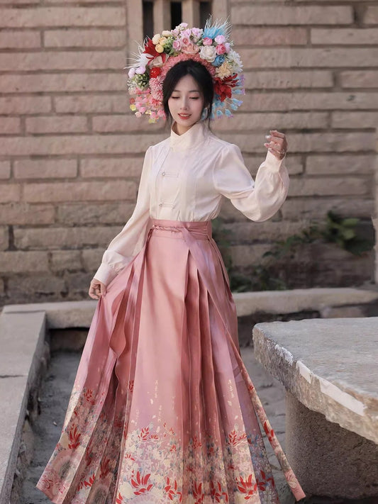 25 Yi Nian hairpin Flower Xiao Lu Shui, original Ming Hanfu, improved Ming cardigan, stand-up collar, woven gold imitation makeup, flower horse face skirt