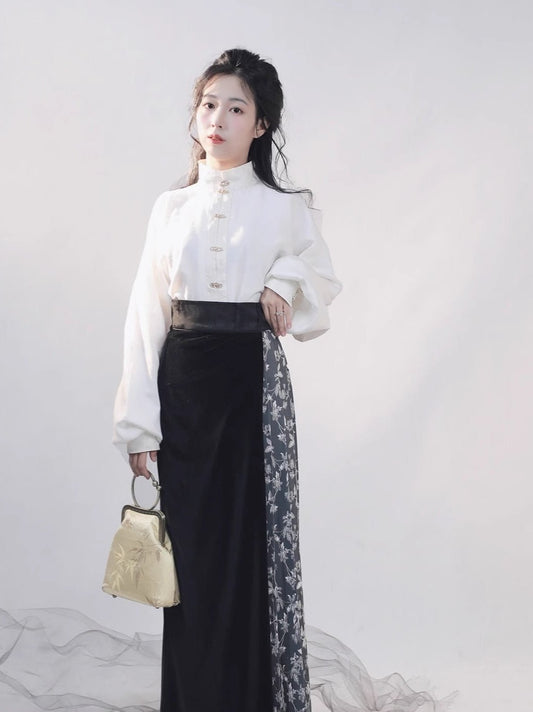 37 Frosty Moon Night Xiao Lu Shui Element Traditional Chinese Clothing, Autumn Collection, Black & White Jacquard, Cool Velvet, Song Dynasty Swirling Skirt, Stand Collar, Ming Dynasty-style Main Waistband