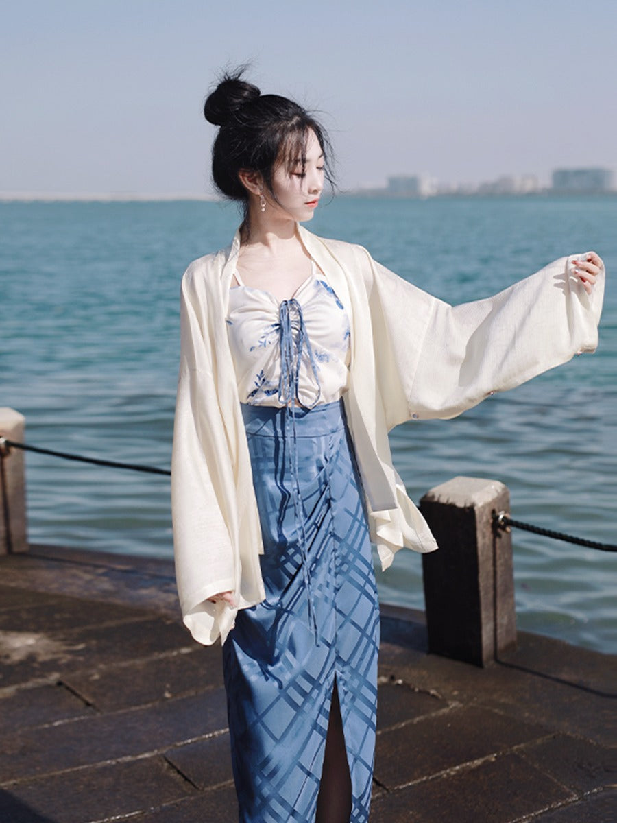 7 Xiao Lu Shui Sensational Summer Ming-style Hanfu Set, Women's Blue Zipped Skirt with Drawstrings and Straps, Daily and Commute Ready