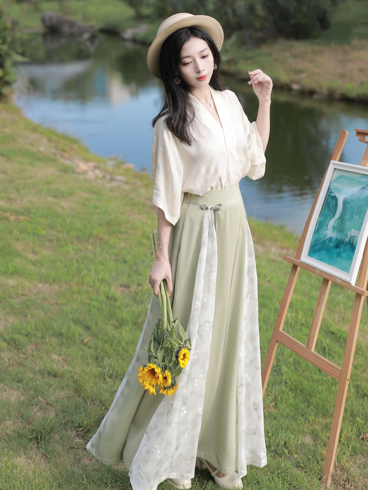 6 Xiao Lu Shui Early Clear Sky Chinese-style Suit for Women - Lightweight Linen Double-breasted Shirt Top and Song Dynasty-style Elastic Three-pleated Skirt in Green for Summer