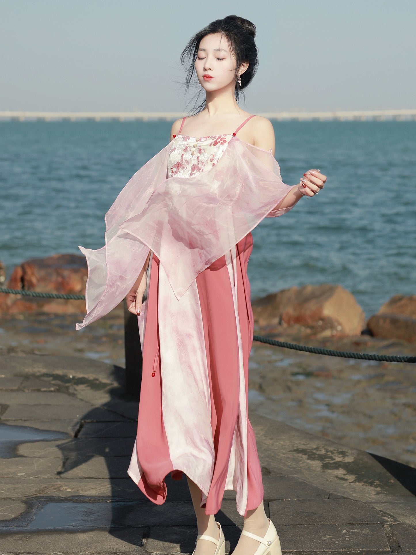 55 Acacia Xiao Lu Shui National Style Improved Tang Dynasty Broken Skirt New Chinese Hanfu Dress Pink Floating Piece Summer Daily