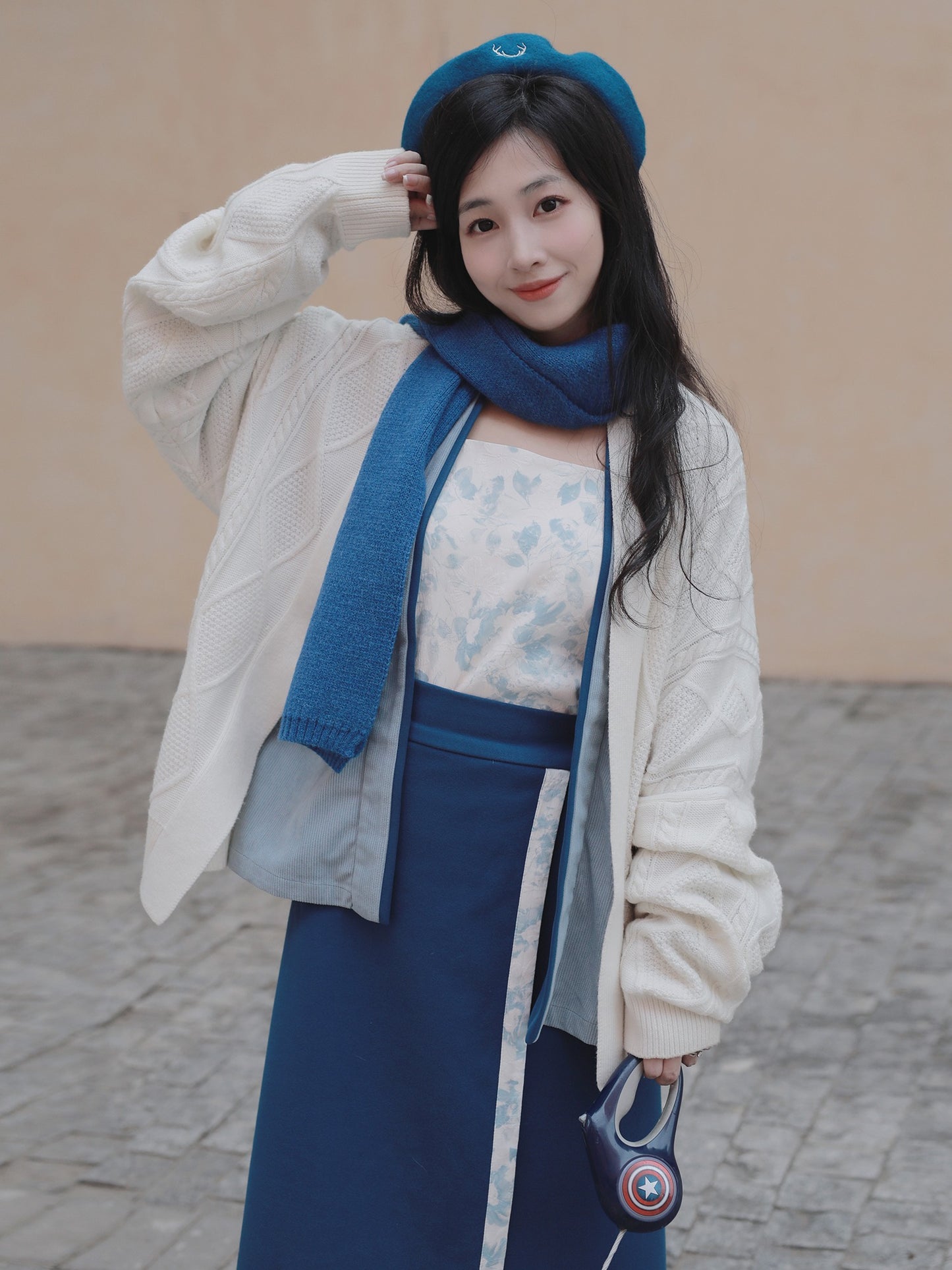 59 Qing He Xu Xiao Lu Shui Hanfu Suspenders Blue Song Made Airplane Sleeve Tweed Skirt Commuting to Work Daily Spring Suit