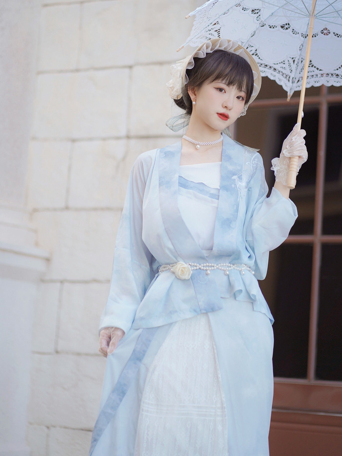 58 When the clouds rise Xiao Lu Shui Guofeng Chinese improved Hanfu Song Zhi blue airplane sleeves, three-pleated skirts, daily commuting to work