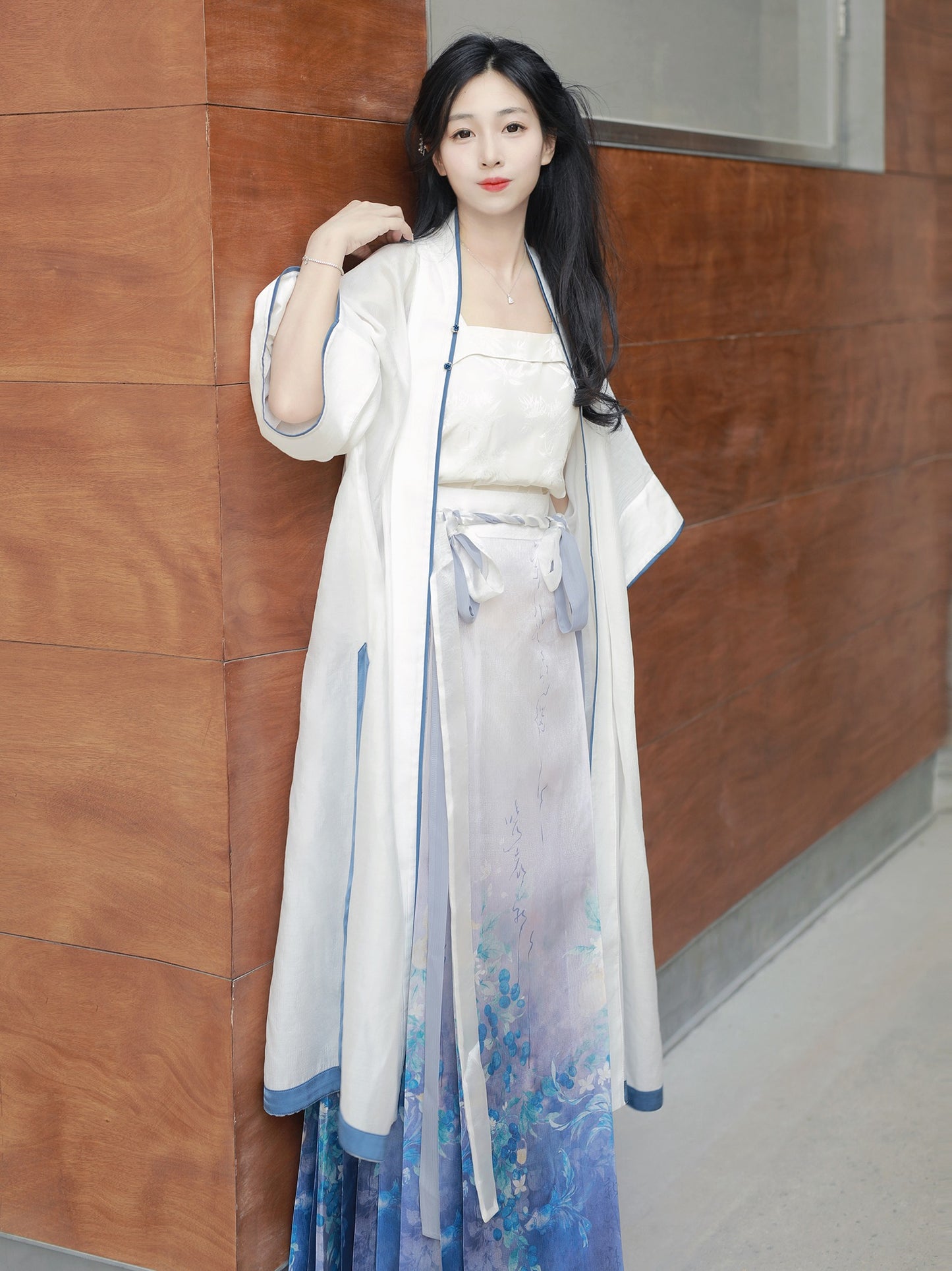 5 Xiao Lu Shui Original Strawberry and Grapefruit Worries Improved Song Dynasty-style Hanfu Long Shirt with Suspenders and Printed Skirt, Blue Horseface Skirt for Summer