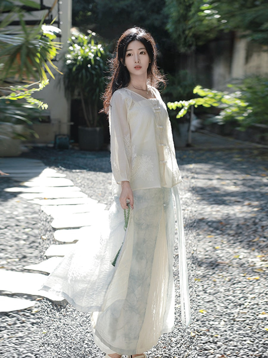 8 Xiao Lu Shui Glint - Refined Chinese Hanfu Set, Women's Creamy White Zen-Inspired Jacquard Top and Skirt, Summer Collection