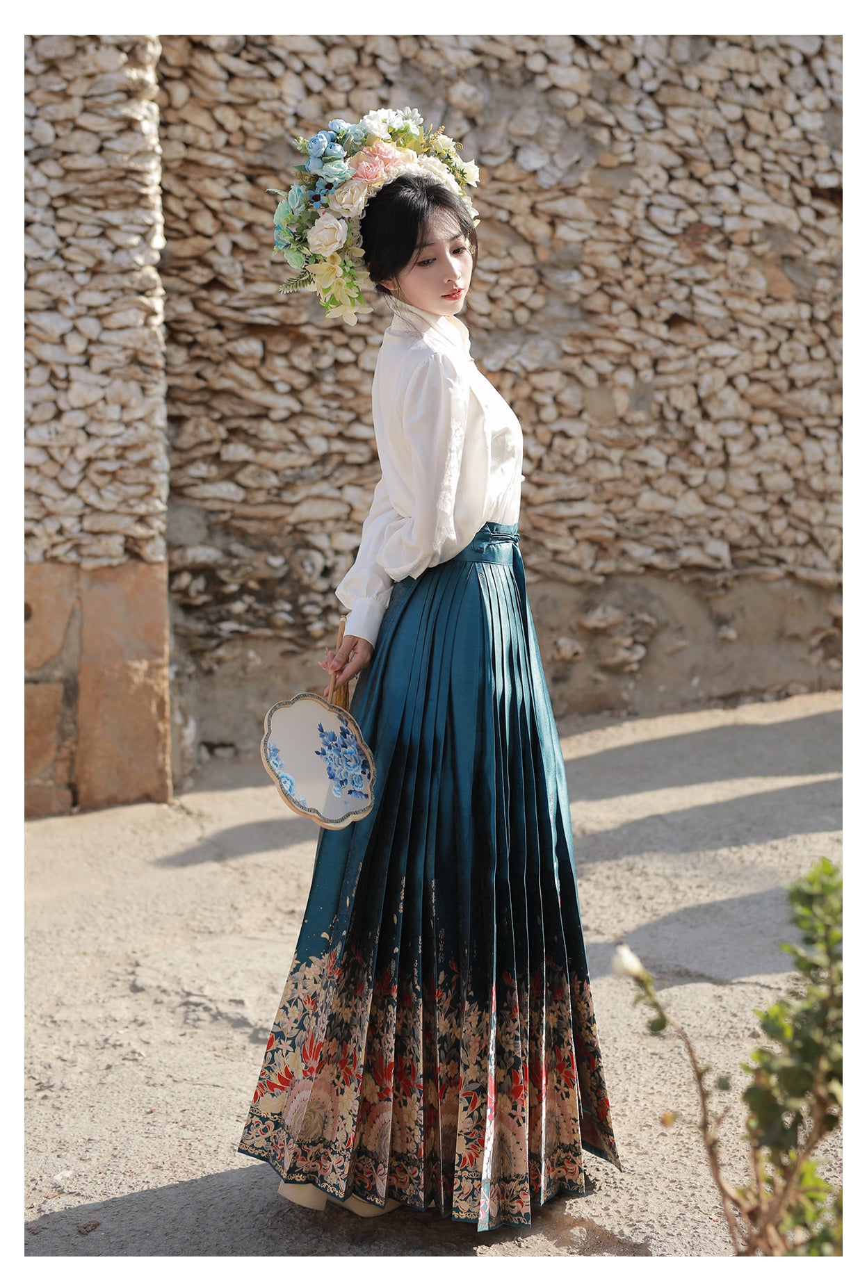 [One Thought Hairpin Flower]Ming-style Hanfu Brocade Imitation Makeup Flower Horseface Skirt-Blue