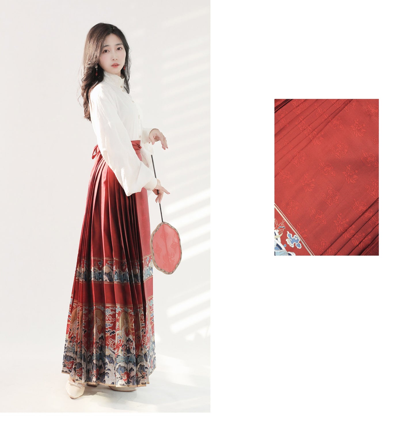 18、Luling Hanhai Xiao Lu Shui Chinese style Hanfu: Stand Collar and Opposite Front Shirt, Ming Dynasty inspired Red Brocade Mid length Horseface Skirt, Toasting Outfit