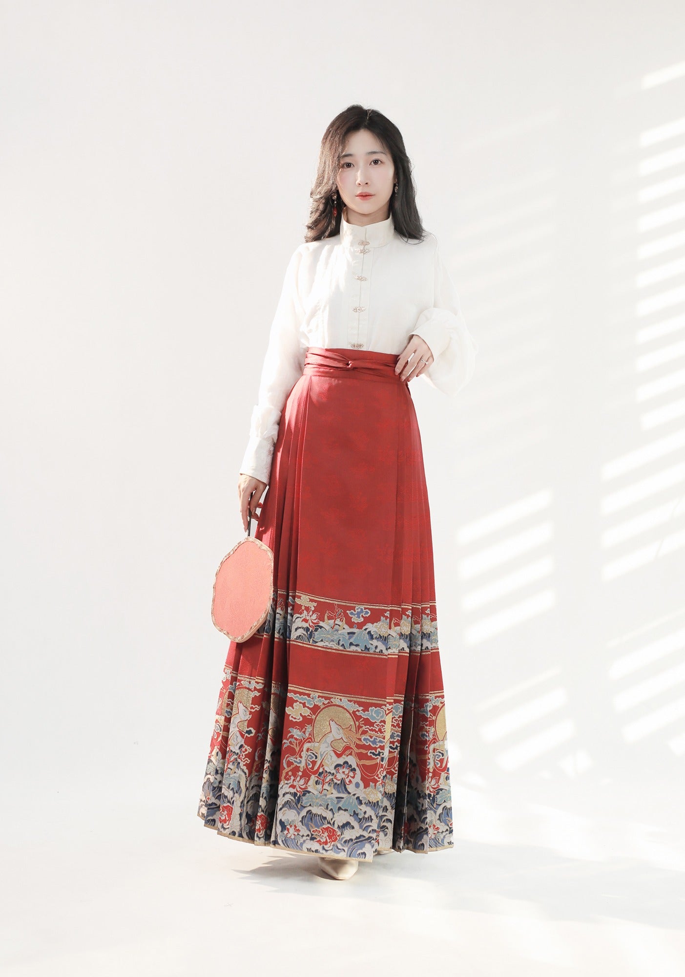 18、Luling Hanhai Xiao Lu Shui Chinese style Hanfu: Stand Collar and Opposite Front Shirt, Ming Dynasty inspired Red Brocade Mid length Horseface Skirt, Toasting Outfit