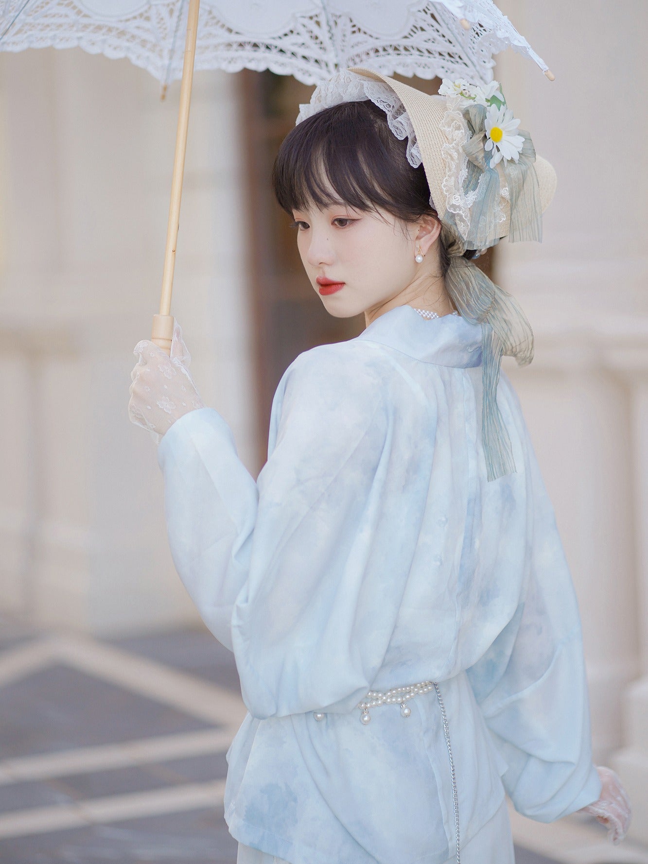 58 When the clouds rise Xiao Lu Shui Guofeng Chinese improved Hanfu Song Zhi blue airplane sleeves, three-pleated skirts, daily commuting to work