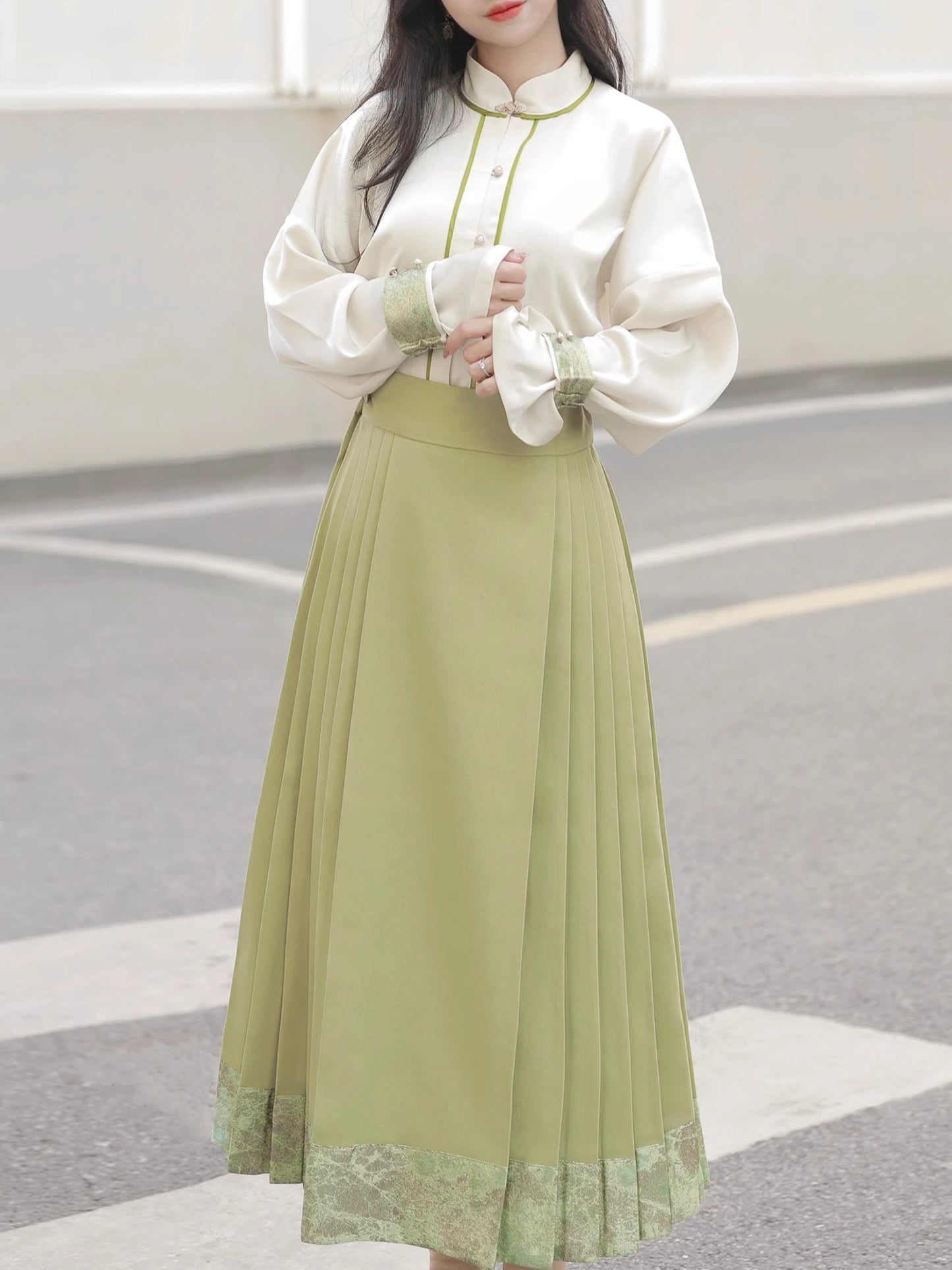 39 Jade Green Cup Xiao Lu Shui Hanfu Improved Ming Dynasty Style, Cross-Front Stand Collar Shirt with Sleeve Covers, Zippered Horseface Skirt, Perfect for Autumn Daily Commute