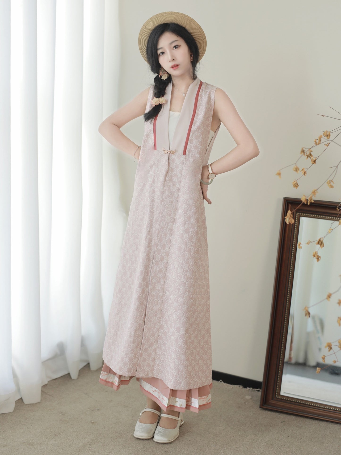 16 Xiao Lu Shui Pink tender Chinese Ming cheongsam, improved long than nails, pink autumn long daily commuting