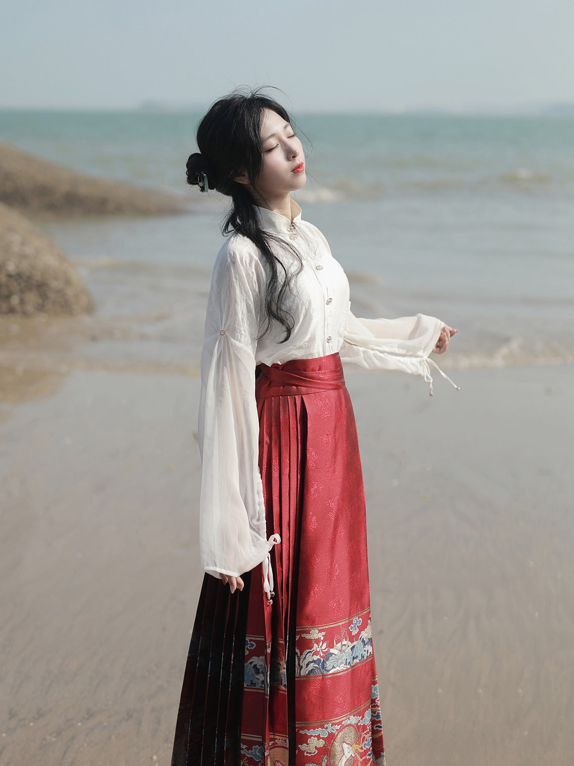 18、Luling Hanhai Xiao Lu Shui Chinese style Hanfu: Stand Collar and Opposite Front Shirt, Ming Dynasty inspired Red Brocade Mid length Horseface Skirt, Toasting Outfit