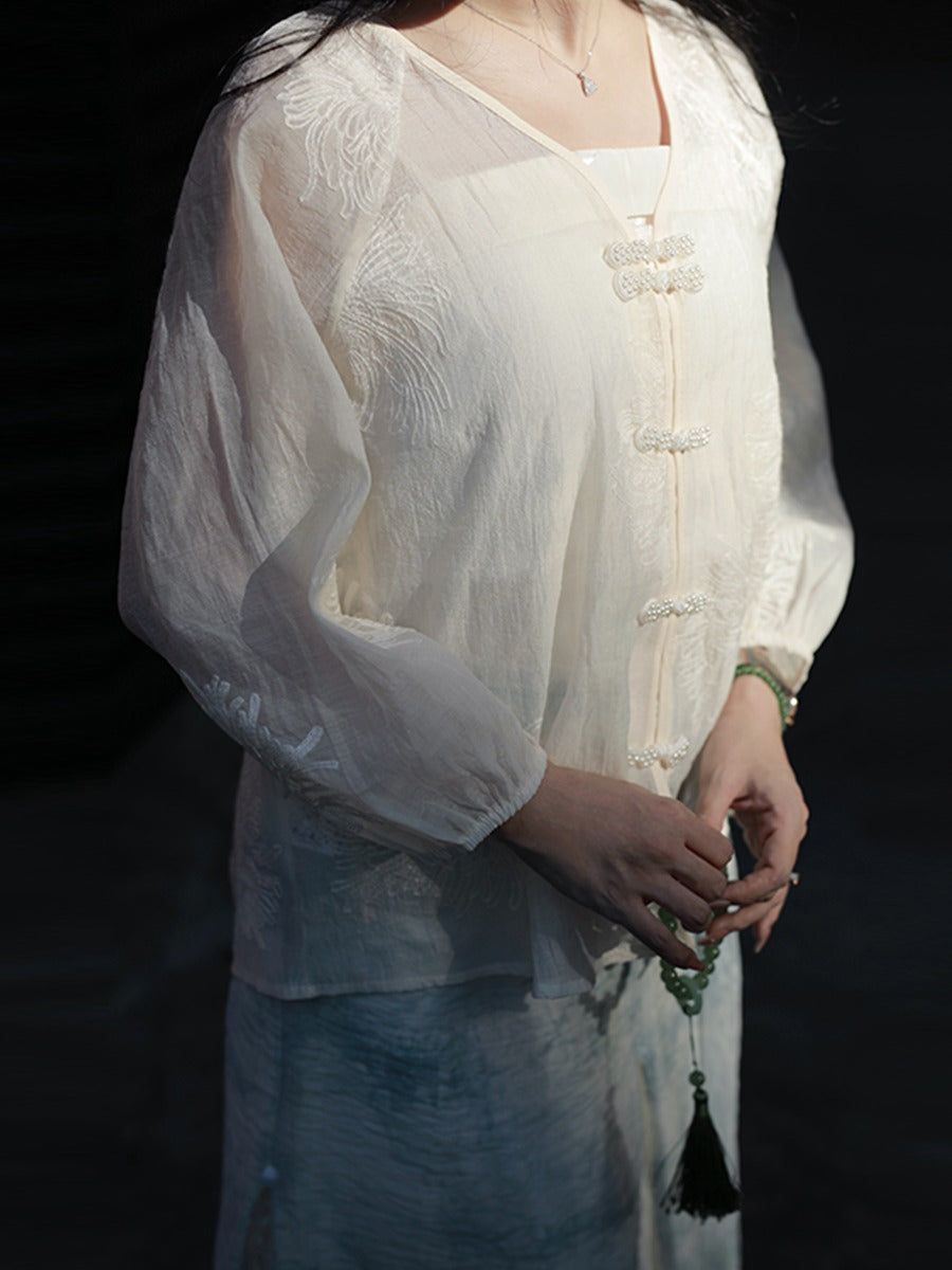 8 Xiao Lu Shui Glint - Refined Chinese Hanfu Set, Women's Creamy White Zen-Inspired Jacquard Top and Skirt, Summer Collection