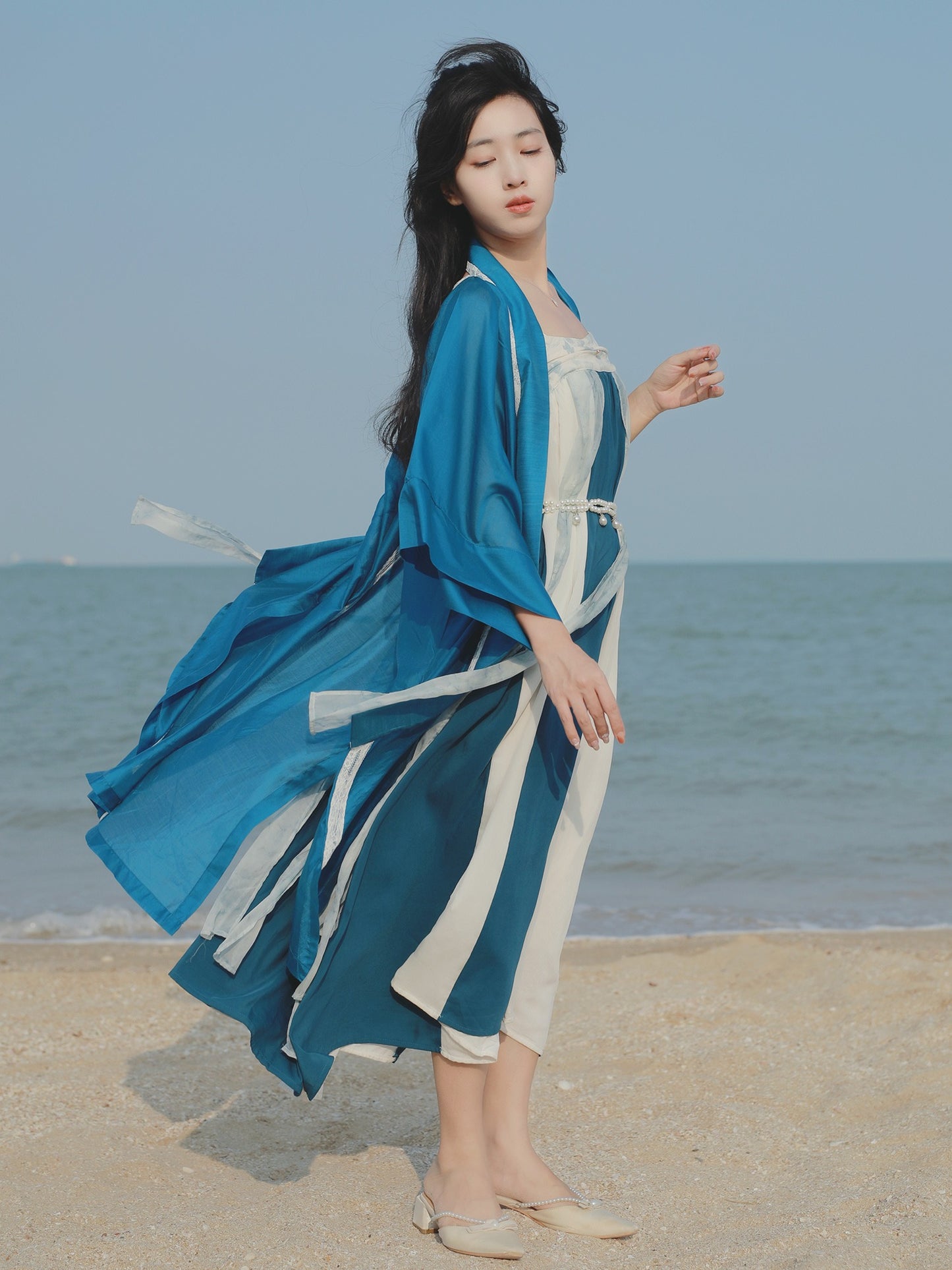 53 Soft Blue Melody Xiao Lu Shui Original Tang Dynasty-Inspired Hanfu Revamped Han-Element Dress with Half-Sleeve Top and Qi-chest Skirt, Lightweight Version