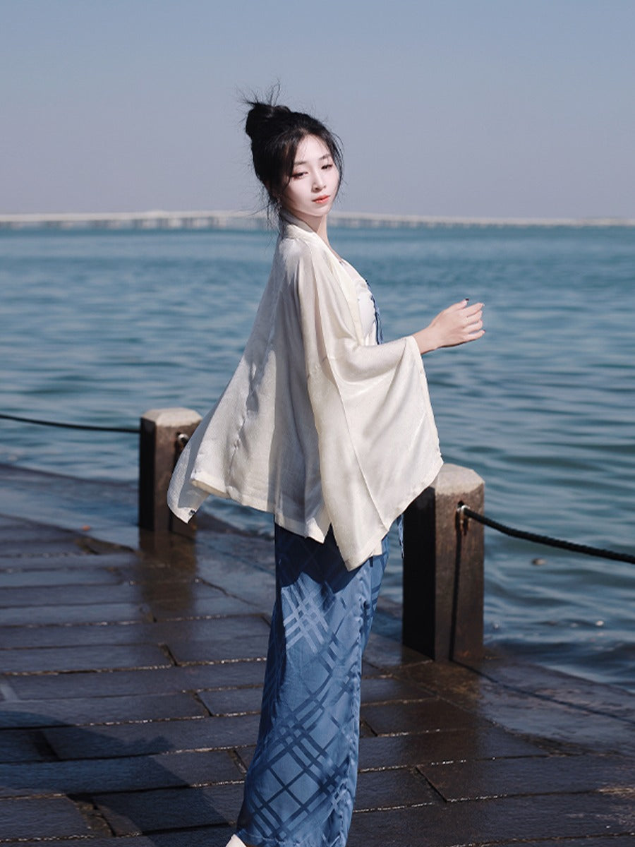 7 Xiao Lu Shui Sensational Summer Ming-style Hanfu Set, Women's Blue Zipped Skirt with Drawstrings and Straps, Daily and Commute Ready