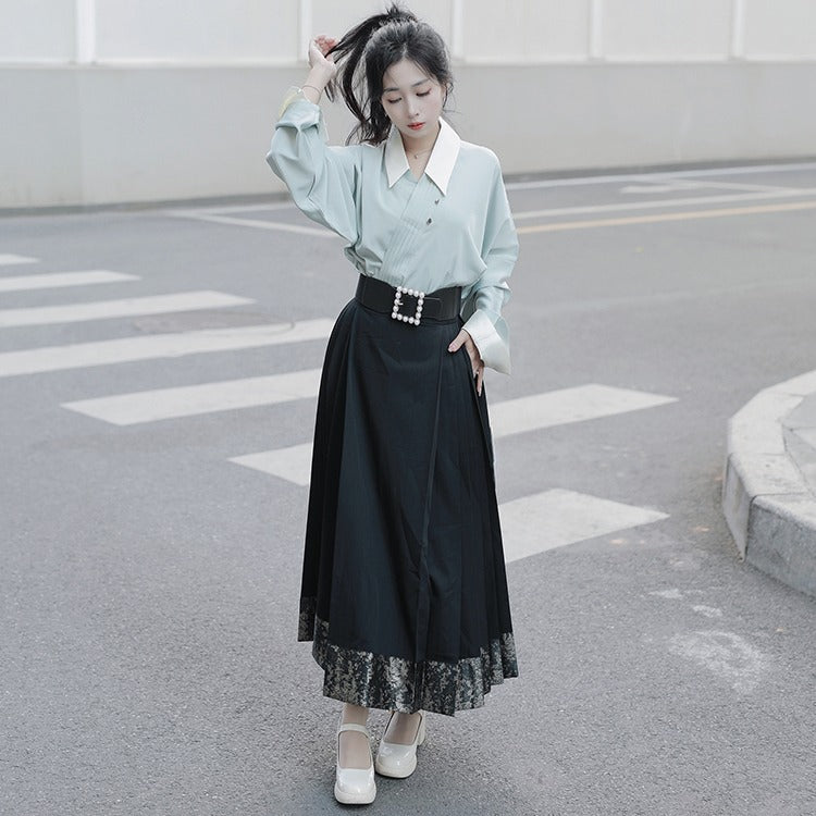 34 Shengsheng Xiao Lu shui Daily Black Woven Golden Horse Face Skirt Hanfu Fake Two Pieces Airplane Sleeve Shirt Improved Work Suit