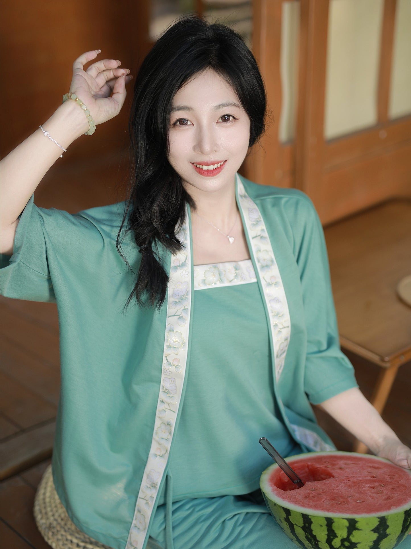 35 Xiao Lu Shui LuoHuaYuMian Ming Dynasty-inspired Hanfu Collar Nightwear with Chinese Elements, Green Top for Home Wear and Ancient Chinese Style Pajamas