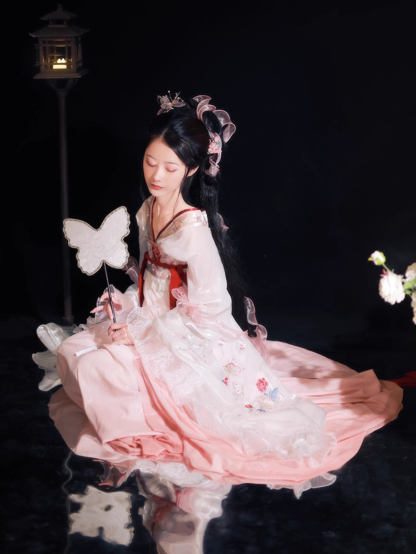 15 Flowing Fragrance Ode: Dawn Deer Water Original Hanfu Ancient Costume for Women, Pink Han-Style Elements from the Wei, Jin, Southern, and Northern Dynasties, Full-Length Sleeves, Chest-Hugging, Embroidered