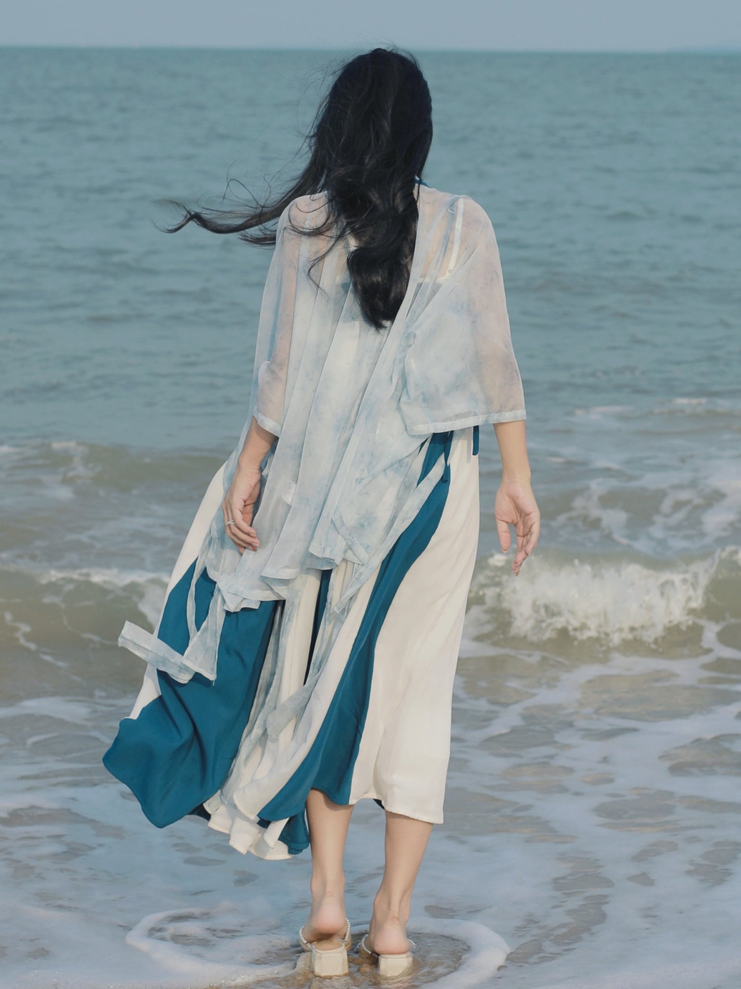 53 Soft Blue Melody Xiao Lu Shui Original Tang Dynasty-Inspired Hanfu Revamped Han-Element Dress with Half-Sleeve Top and Qi-chest Skirt, Lightweight Version