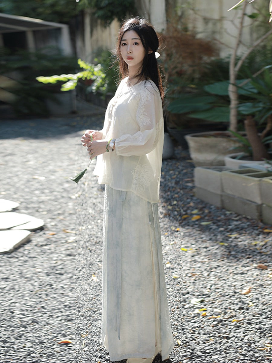 8 Xiao Lu Shui Glint - Refined Chinese Hanfu Set, Women's Creamy White Zen-Inspired Jacquard Top and Skirt, Summer Collection