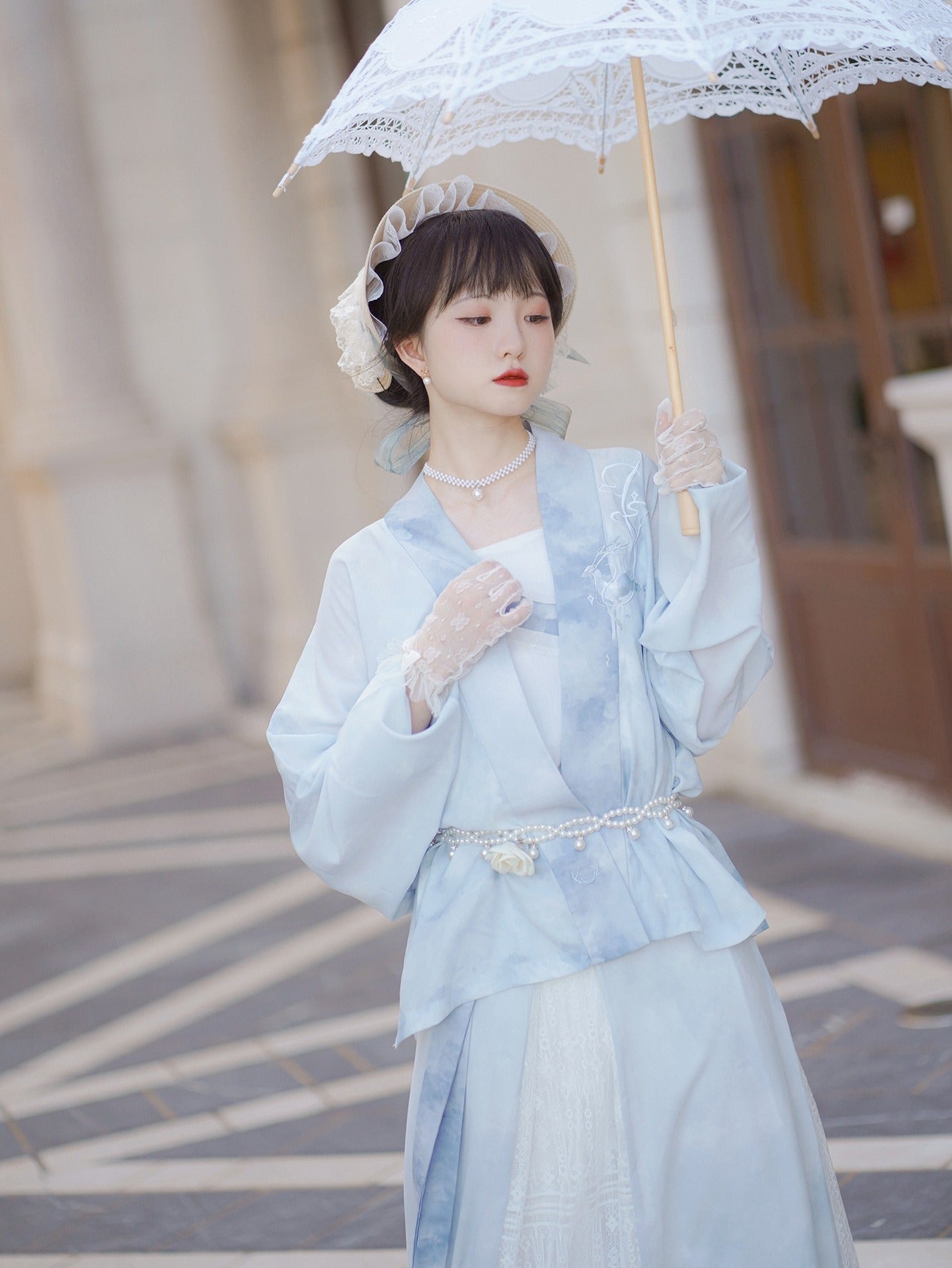 58 When the clouds rise Xiao Lu Shui Guofeng Chinese improved Hanfu Song Zhi blue airplane sleeves, three-pleated skirts, daily commuting to work