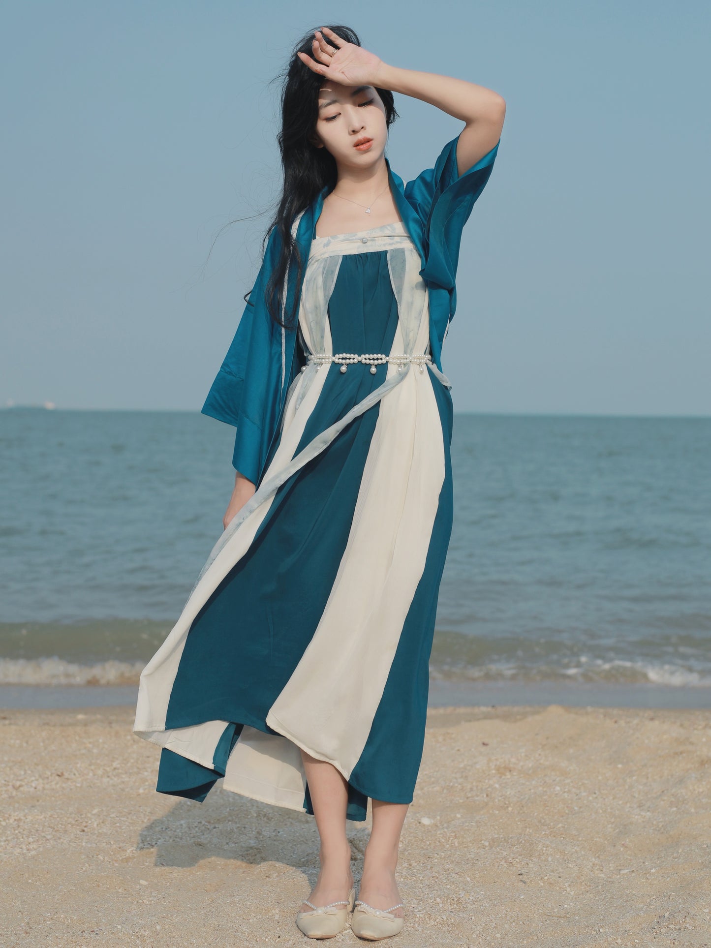 53 Soft Blue Melody Xiao Lu Shui Original Tang Dynasty-Inspired Hanfu Revamped Han-Element Dress with Half-Sleeve Top and Qi-chest Skirt, Lightweight Version