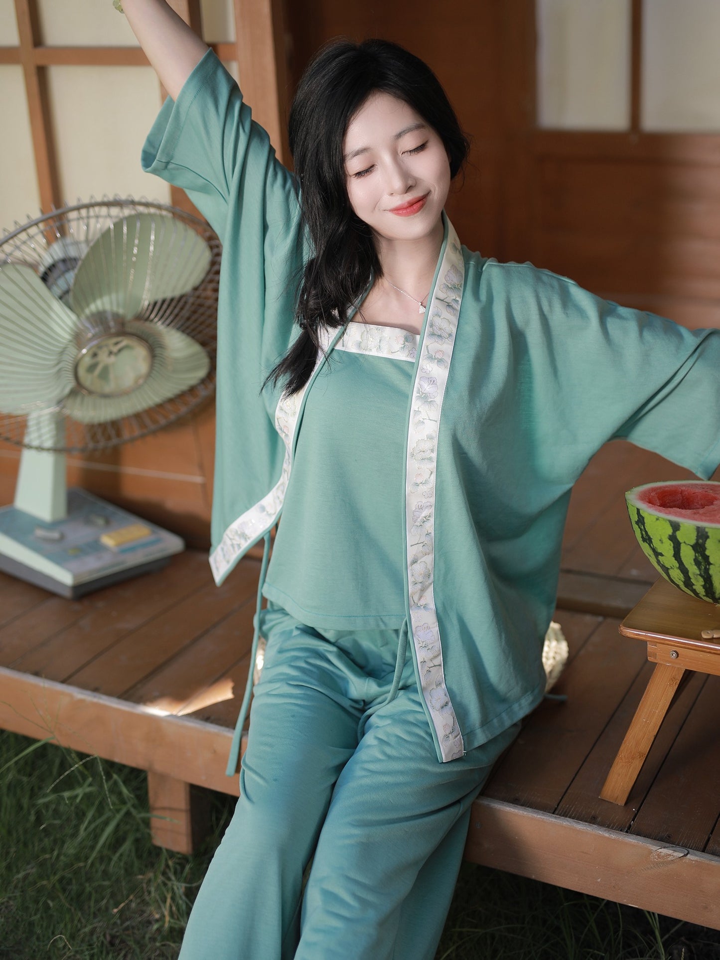 35 Xiao Lu Shui LuoHuaYuMian Ming Dynasty-inspired Hanfu Collar Nightwear with Chinese Elements, Green Top for Home Wear and Ancient Chinese Style Pajamas