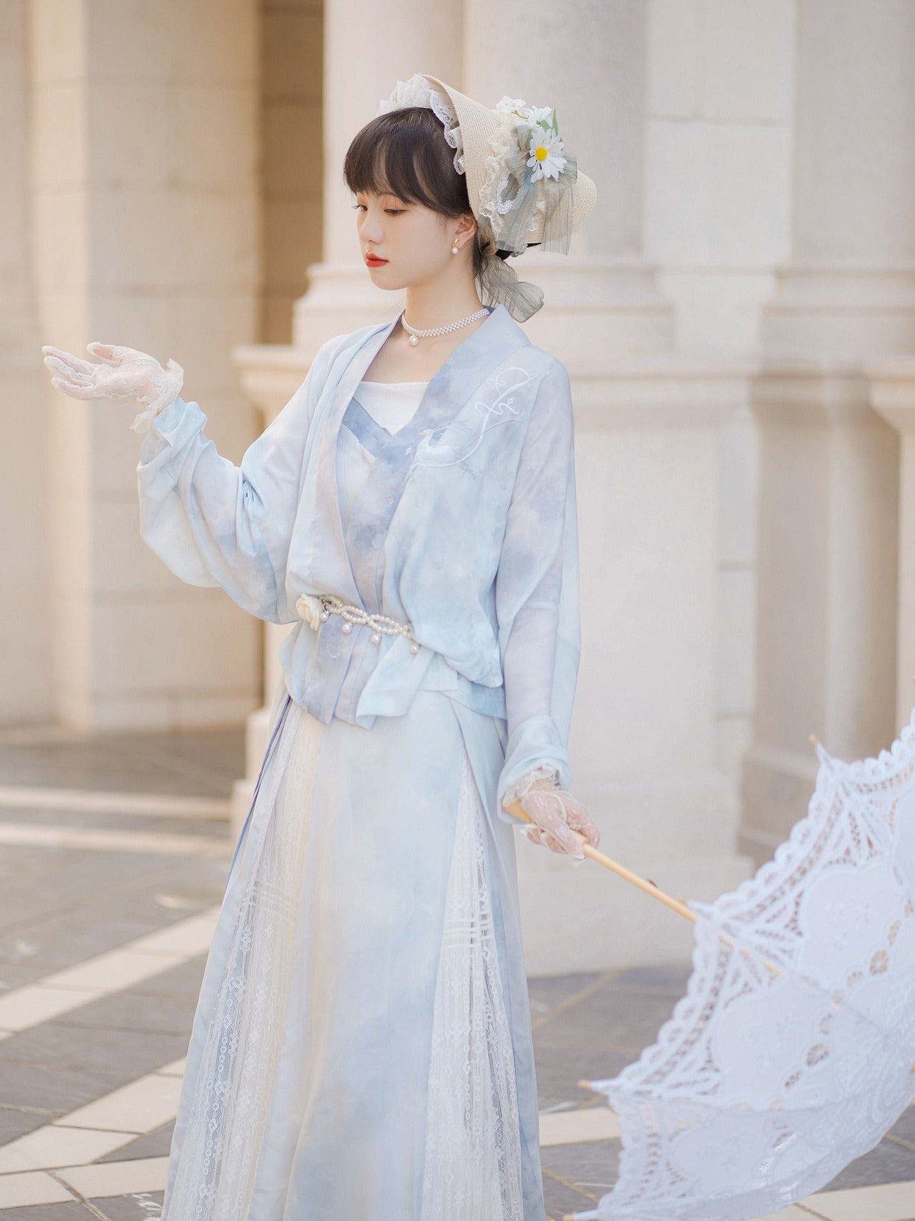 58 When the clouds rise Xiao Lu Shui Guofeng Chinese improved Hanfu Song Zhi blue airplane sleeves, three-pleated skirts, daily commuting to work