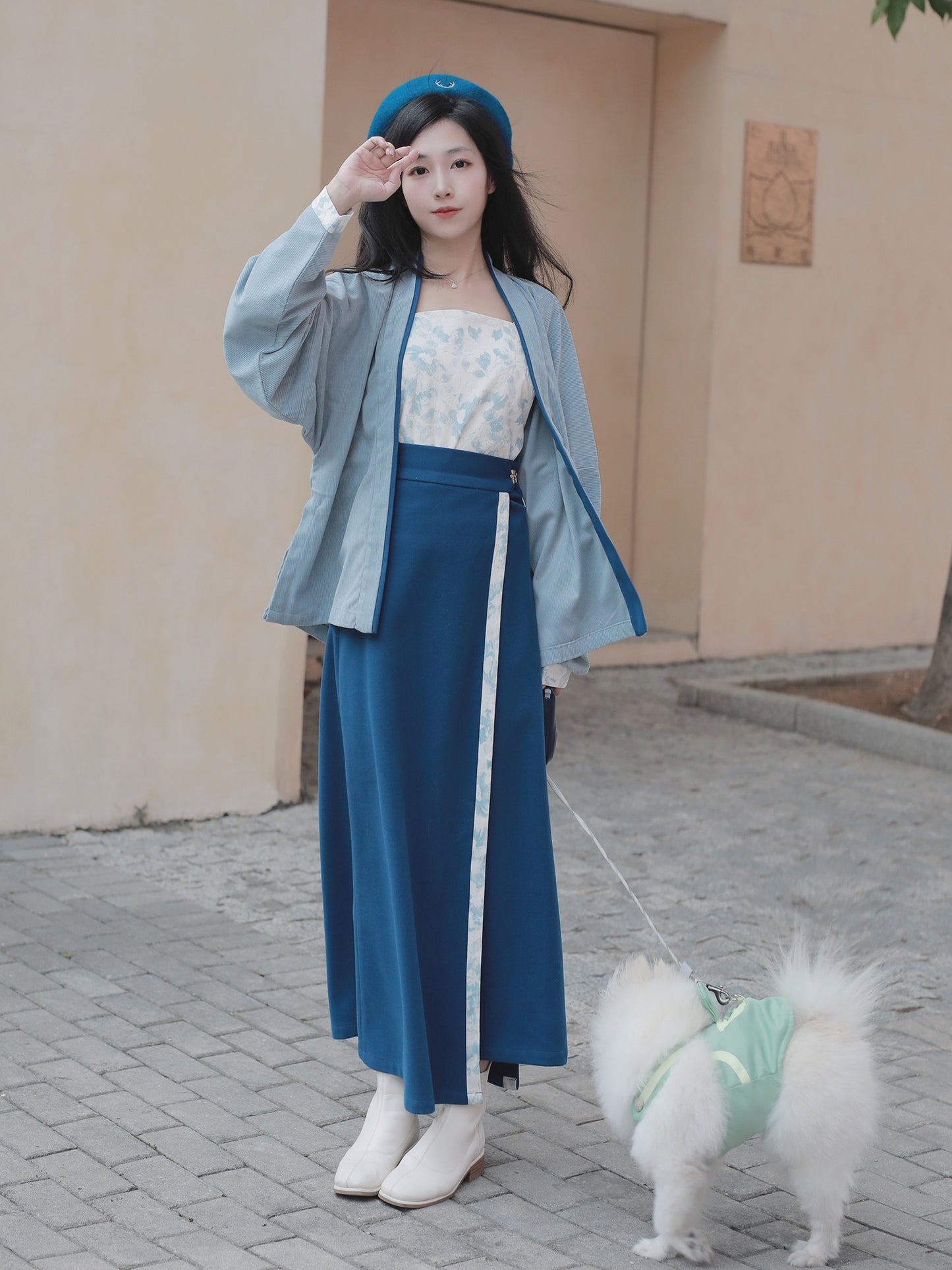 59 Qing He Xu Xiao Lu Shui Hanfu Suspenders Blue Song Made Airplane Sleeve Tweed Skirt Commuting to Work Daily Spring Suit