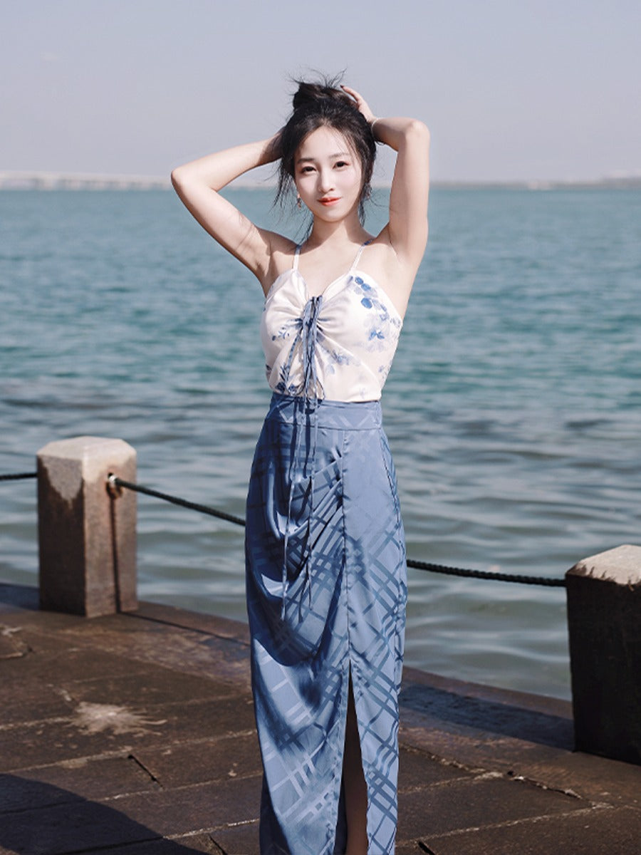 7 Xiao Lu Shui Sensational Summer Ming-style Hanfu Set, Women's Blue Zipped Skirt with Drawstrings and Straps, Daily and Commute Ready