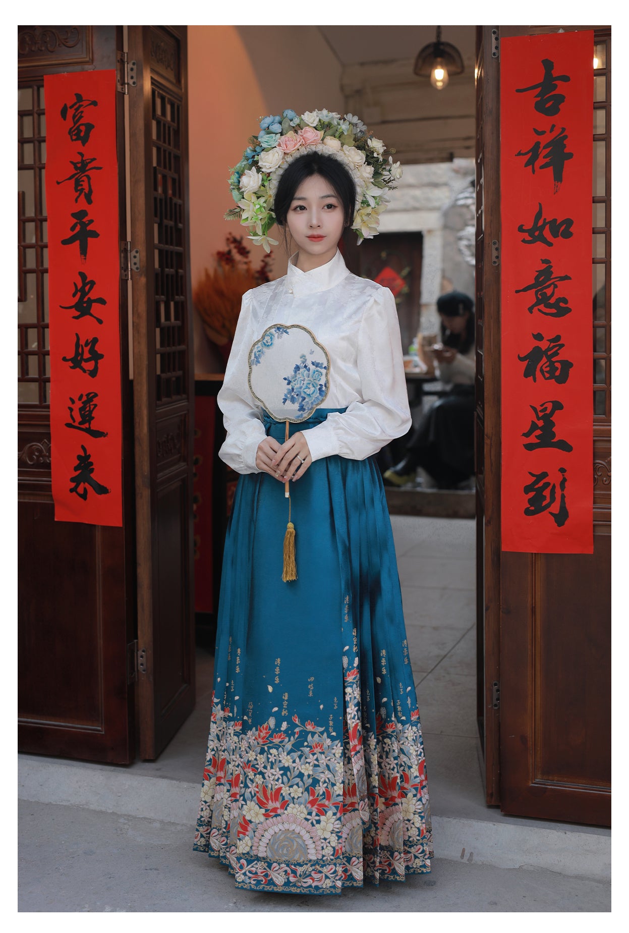 [One Thought Hairpin Flower]Ming-style Hanfu Brocade Imitation Makeup Flower Horseface Skirt-Blue