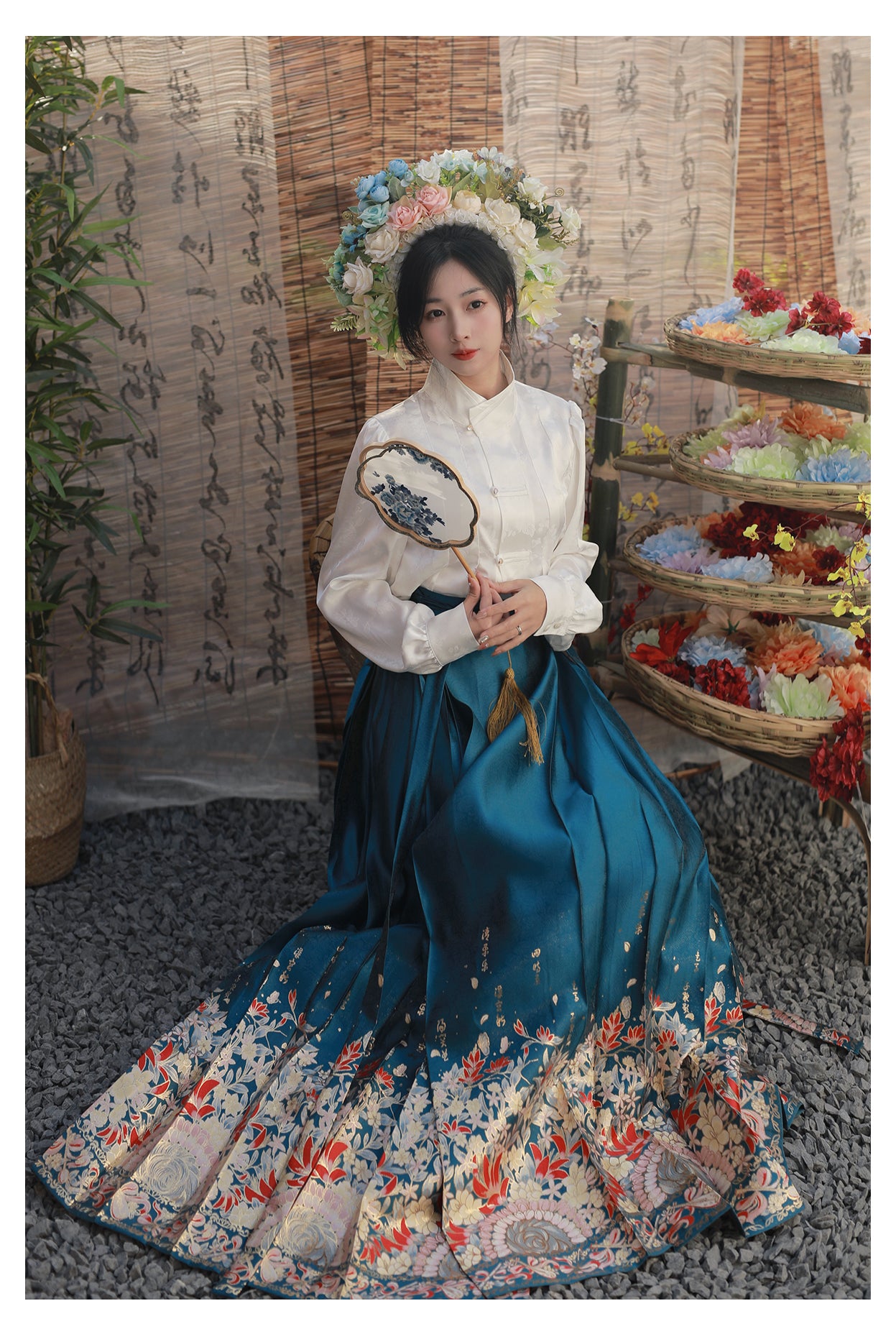 [One Thought Hairpin Flower]Ming-style Hanfu Brocade Imitation Makeup Flower Horseface Skirt-Blue